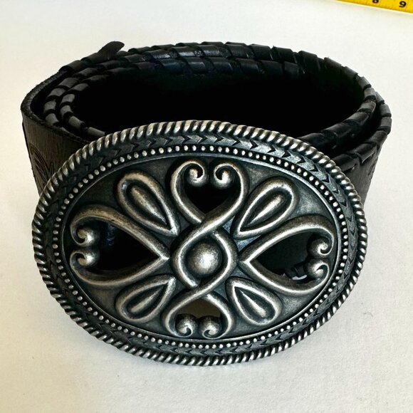 Kenneth Cole NY Western Black Womens Belt Sz M Genuine Leather Carving Big Silve - Picture 1 of 13